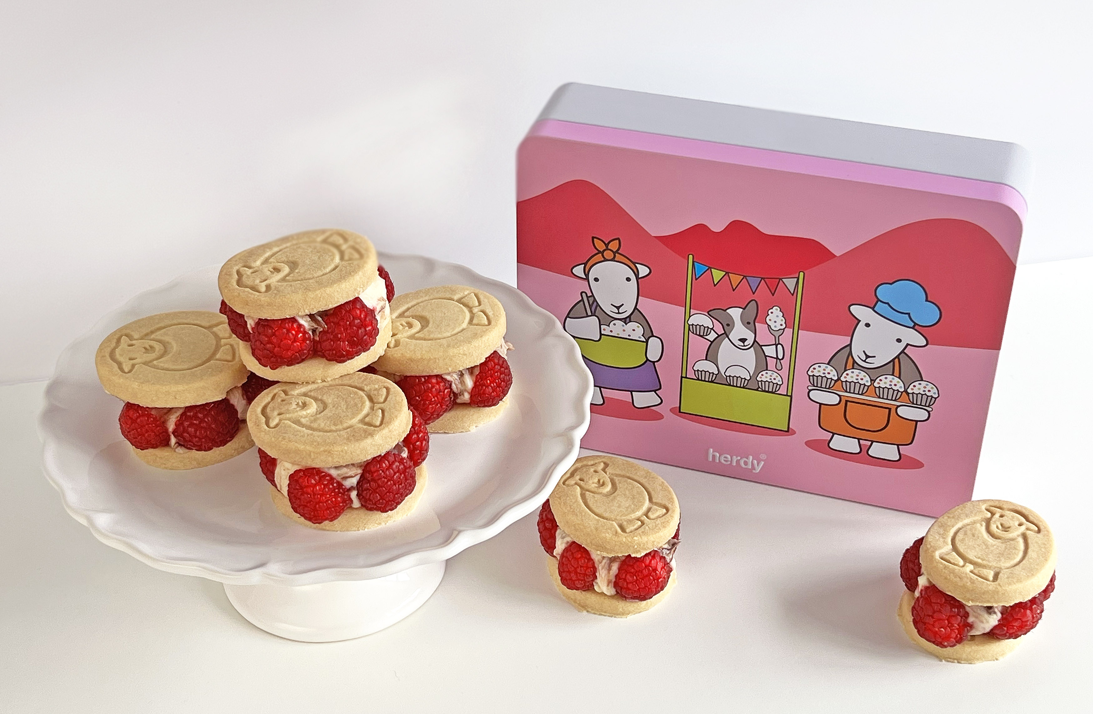 short bake header Chocolate ripple cheesecake mixture sandwiched between two Herdy Shortbreads surrounded by fresh raspberries