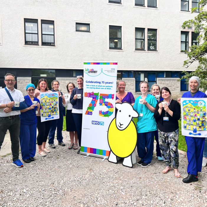 Herdy celebrate 75 years of the NHS with staff from Westmorland General Hospital