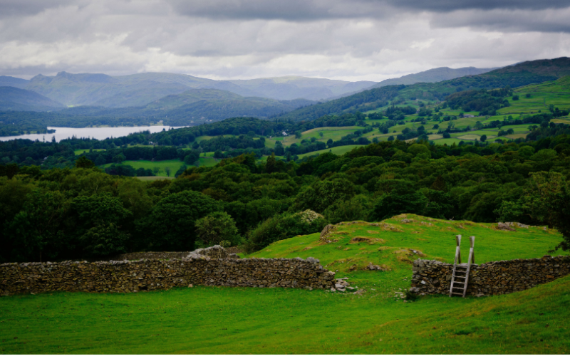 Lake District scene with green hills and lake