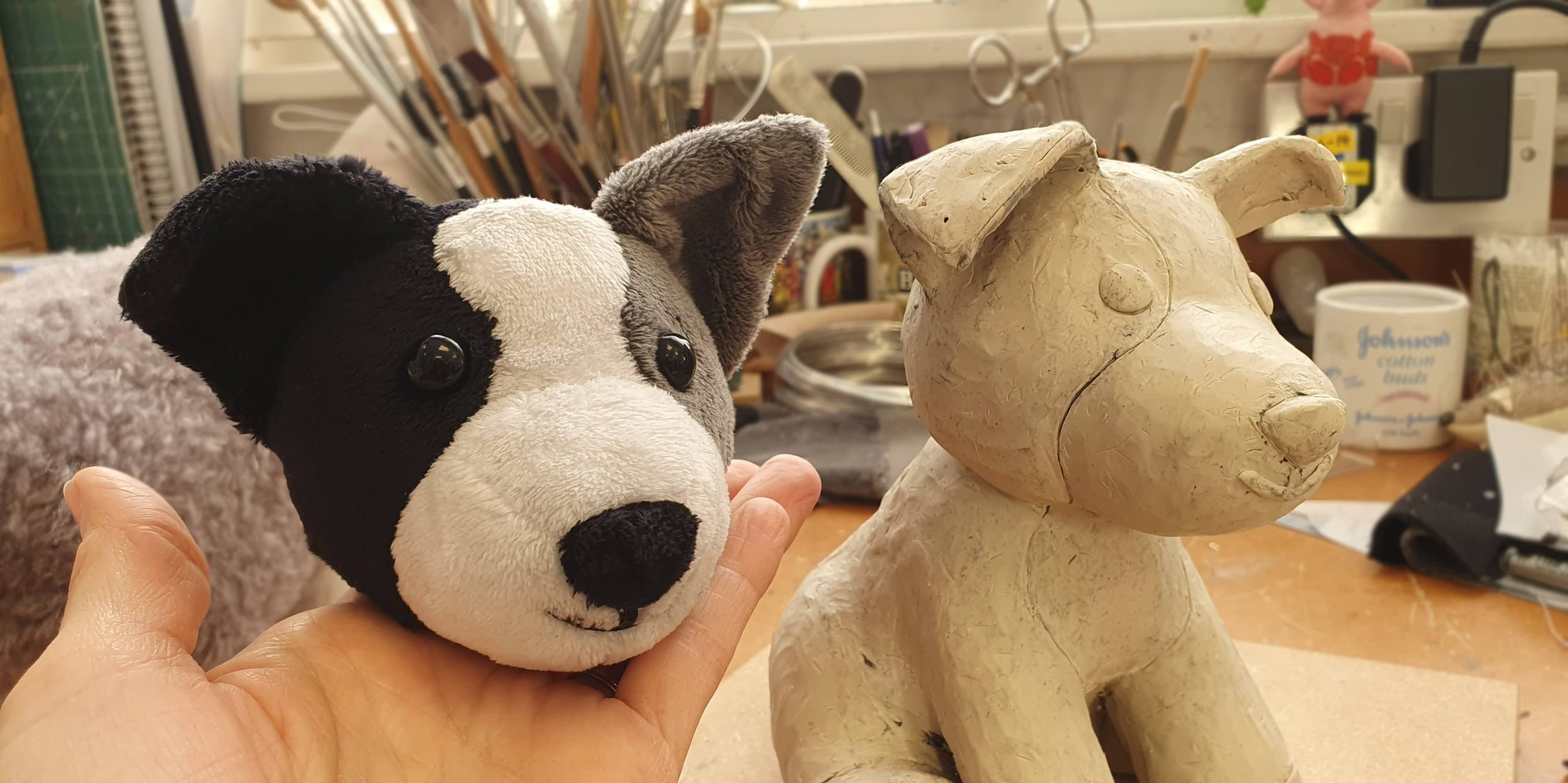 sheppy banner Clay model of a Sheppy soft toy next to first fabic construction
